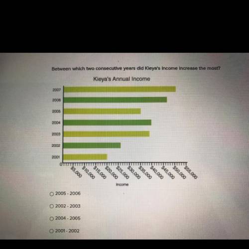 Between which two consecutive years did Kleya's Income Increase the most?

Kieya's Annual Income
2