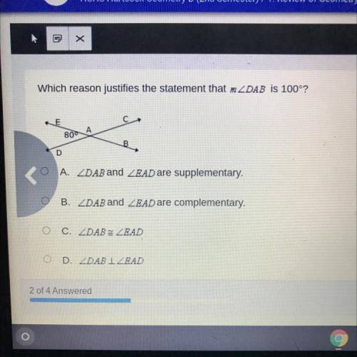 Which reason justifies the statement that m DAB is 100°?

Ε
A
800
D
A. ZDAB and ZEAD are supplemen