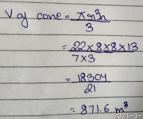 I need help to determine the volume of cone with height 13 m and radius 8 m