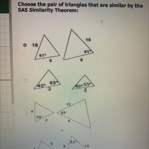 Choose the pair of triangles that are similar by the sas similarity theorem
