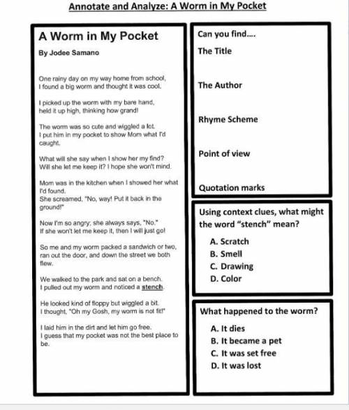 This is a poem by Jodee Samano A worm in my pocket i need the rhyme scheme, the point of view, quot