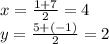 x=\frac{1+7}{2} =4\\y=\frac{5+(-1)}{2} =2