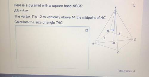 Here is a pyramid with a square base ABCD.

AB = 6 m
The vertex Tis 12 m vertically above M, the m