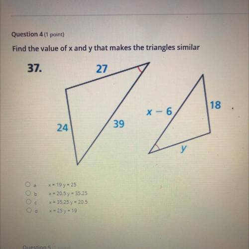 Find the value of x and y that makes the triangles similar