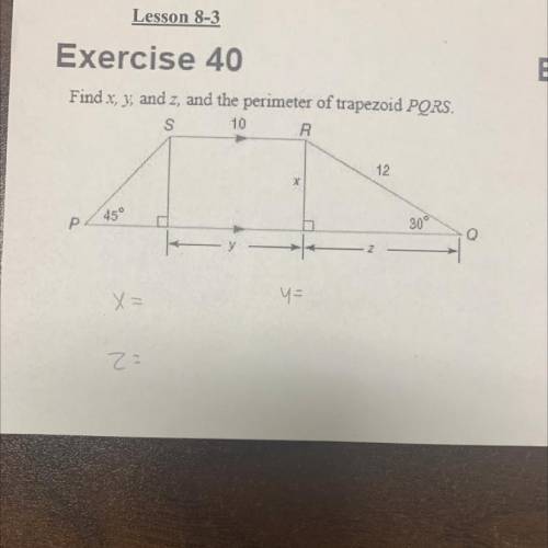 Find x,y and z, and the perimeter of trapezoid PQRS? Show work