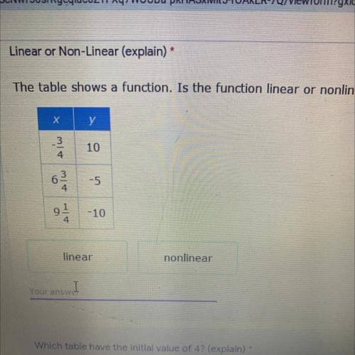 The table shows a function. Is the function linear or non linear