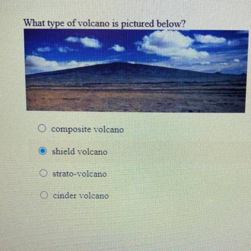 What type of volcano is pictured below?

composite volcano
shield volcano
strato-volcano
cinder vo