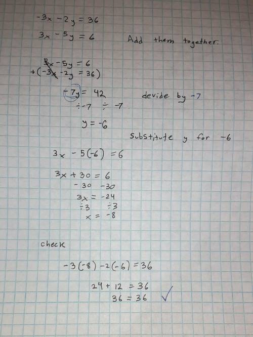 Find the solution of the system of equations. -3x – 2y = 36 3х – 5y = 6​