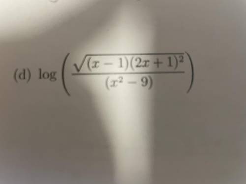 Expand the following logarithms: log\frac{\sqrt{(x-1)(2x+1)^2}}{(x^2-9)}