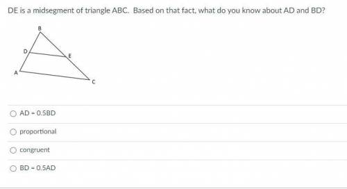 DE is a midsegment of triangle ABC. Based on that fact, what do you know about AD and BD?

Need He