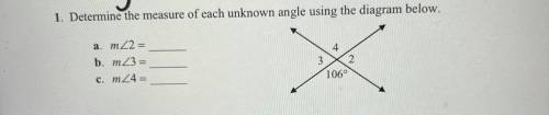 Help plz :)
Determine the measure of each unknown angle using the diagram.