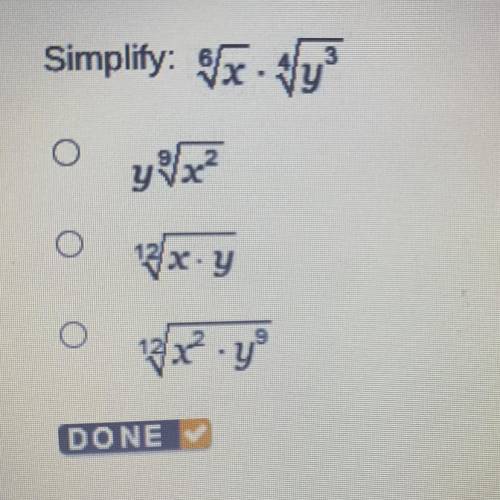 Simplify: 6√x•4√y^3.