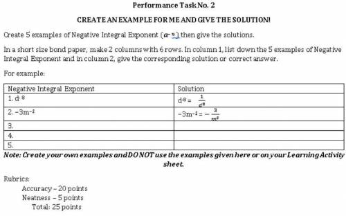Create 5 examples of Negative integral exponent then give the solutions