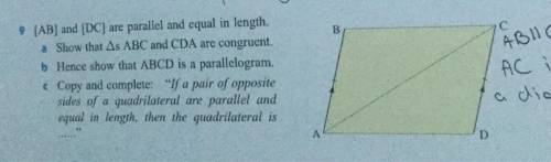 [AB] and [DC) are parallel and equal in length.

a) Show that triangles ABC and CDA are congruent.