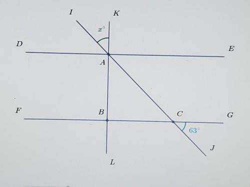 HELP ME ASAP

In the following diagram overline DE || overline FG and overline KL perp FG. What is