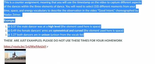 This is a counter assignment; meaning that you will use the timestamp on the video to capture diffe