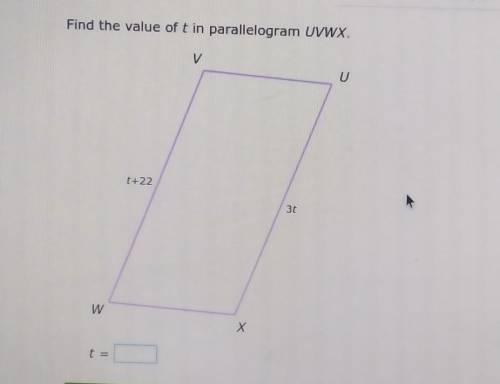 Find the value of t in parallelogram UVWX.​