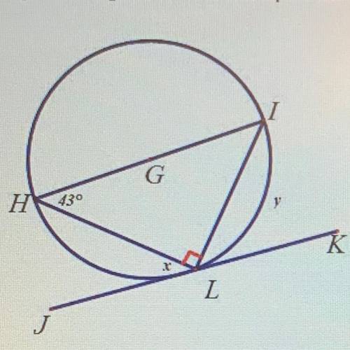 The figure shows secants LH and I7 and tangent JK intersecting at point L. AHIL is a right triangle