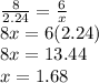 \frac{8}{2.24}=\frac{6}{x}  \\8x= 6(2.24)\\8x= 13.44\\x= 1.68