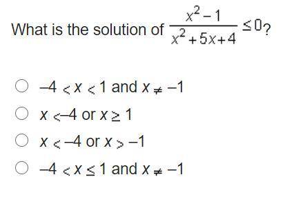 What is the solution of x^2-1/x^2+5x+4<0?