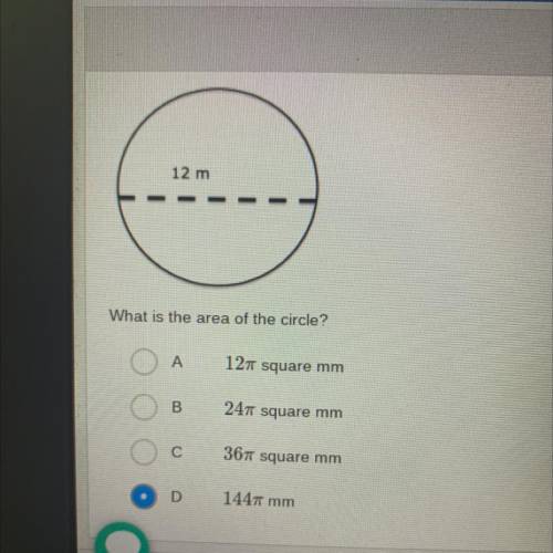 The diameter of the circle shown below is 12m. What is the area of the circle