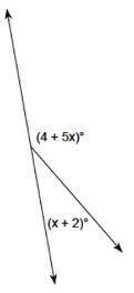 What are the angles shown below?
(4 + 5x) = 
°
(x + 2) = 
°