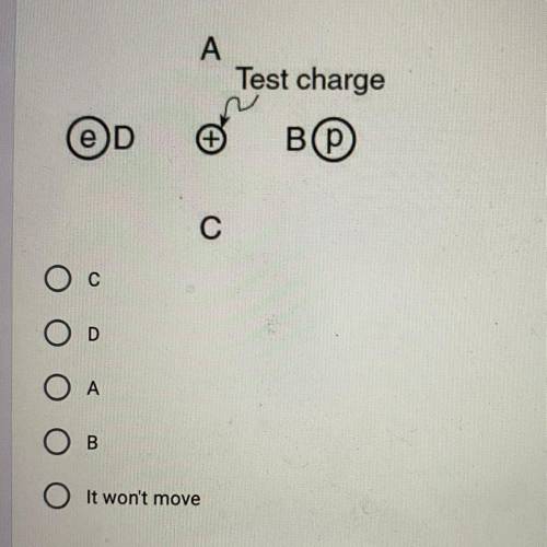 Please help me out someone?

A positive test charge is placed between an electron, e, and a proton