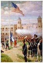 The painting shows the first raising of the US flag in New Orleans in 1804. The painting depicts th