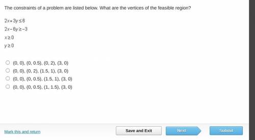 The constraints of a problem are listed below. What are the vertices of the feasible region?