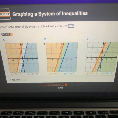 Which is the graph of the system y S 3x+4 and y < 3x-2?