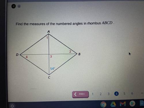 Find the measure of the numbered angels in rhombus ABCD