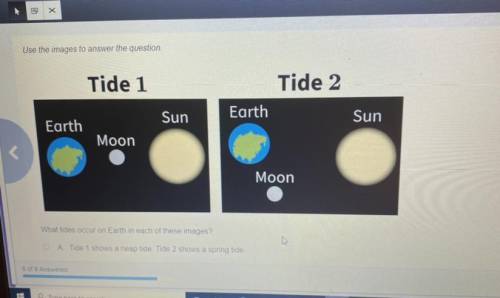 Sun

Earth
Sun
Earth
Moon
Moon
What tides occur on Earth in each of these images?
A Tide 1 shows a