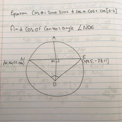 How do I find central angle with coordinates (42.36,-71.06) (44.5,-73.11) in order (a,b) (c,d)