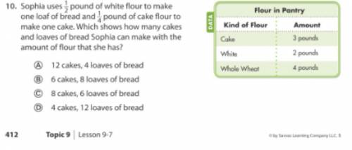 Sophia uses 1/2 lb of white flour to make one loaf of bread and 1/4 lb of cake flour to make one ca