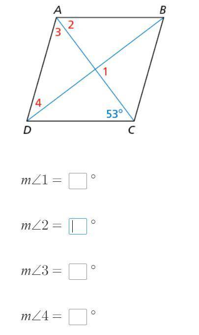 Find the measures of the numbered angles in rhombus ABCD.