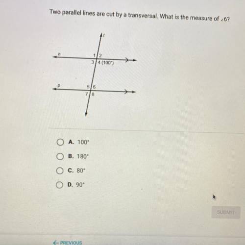 HELP ME ASAP!!
two parallel lines are cut by a transversal. what is the measure of <6￼?