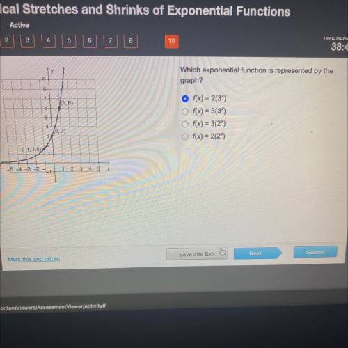 Which exponential function is represented by the

 
graph?
-8
(1,6)
-6
-5-
f(x) = 2(34)
Of(x) = 3(3