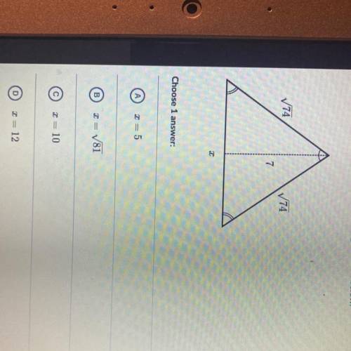 Find the value of x in the isosceles triangle shown below.
V74
V74