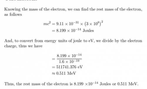 What is the rest energy of an electron, given its mass is 9.11 × 10-31 kg?​