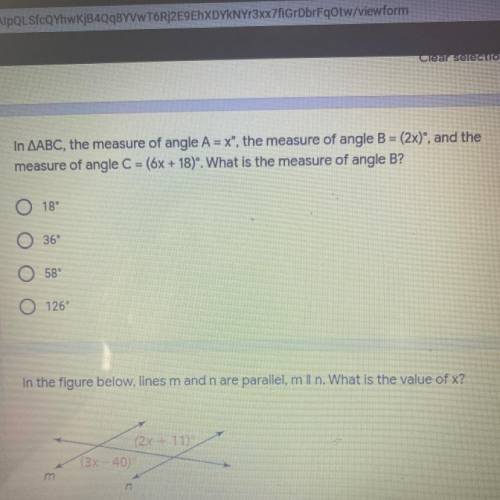 in AABC, the measure of angle A=x degree, the measure of angle B=(2x)degrees, and the measure of an