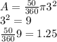 A=\frac{50}{360} \pi 3^{2} \\3^{2}=9 \\\frac{50}{360} 9=1.25
