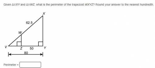 Given ΔVXY and ΔVWZ, what is the perimeter of the trapezoid WXYZ? Round your answer to the nearest