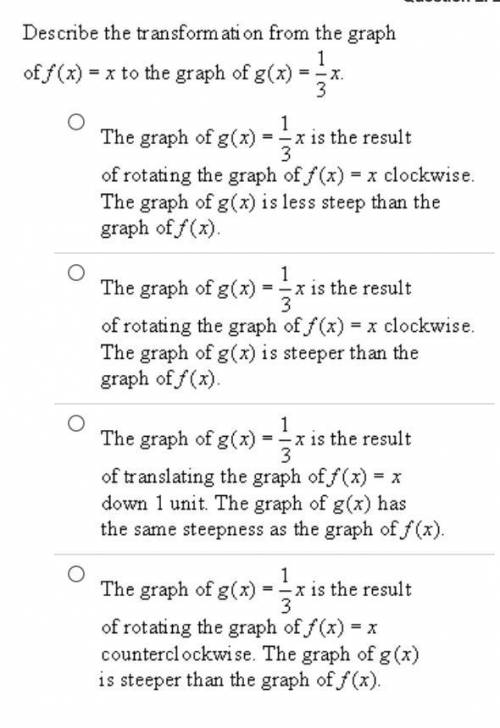 PLS HELP ITS ALGEBRA 1

Describe the transformation from the graph of f(x) = x to the graph of