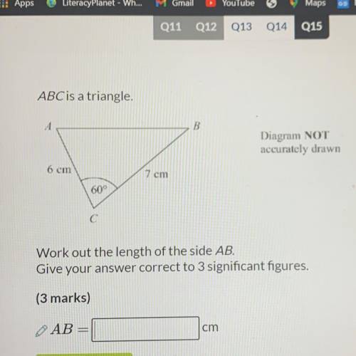 ABC is a triangle.

A
B.
Diagram NOT
accurately drawn
6 cm
7 cm
60°
C С
Work out the length of the