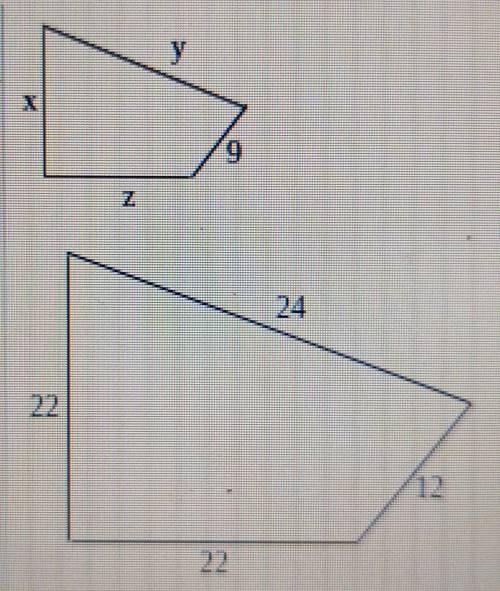 The figures below are similar. Find the length of x, y, and z. Type an integer or a decimal.