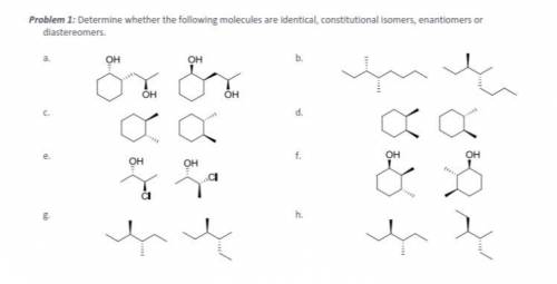 determine whether the following molecules are identical, constitutional isomers, enantiomers or dia
