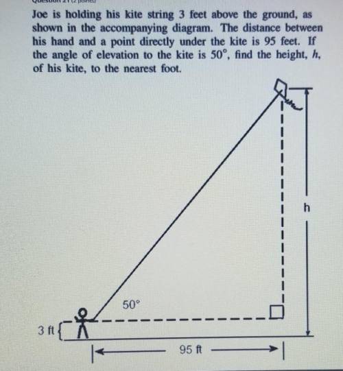 Joe is holding his kite string 3 feet above the ground, as shown in the accompanying diagram. The d