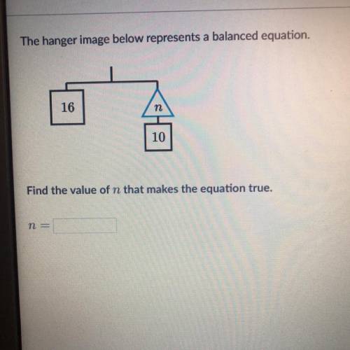 The hanger image below represents a balanced equation. Find the value of n that makes the equation