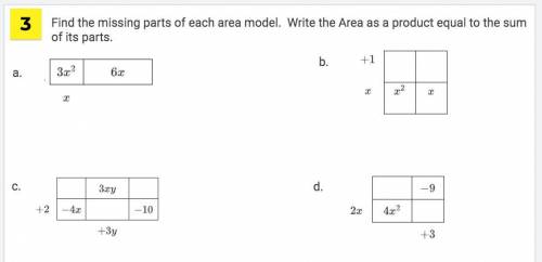 Find the missing parts of each area model. Then write the area as a product equal to the sum of its