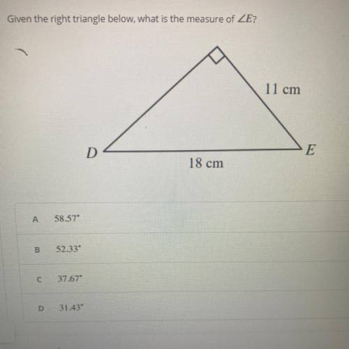 Given the right triangle below, what is the measure of ZE?